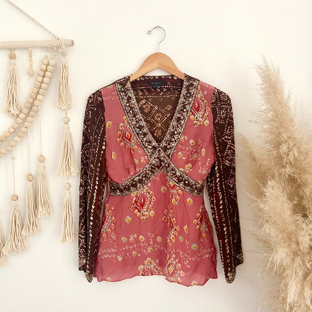 batik boho chiffon silk beaded top bohemian v neck blouse